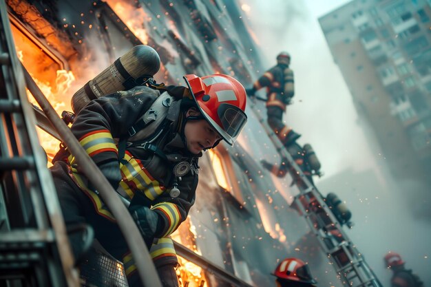 A firefighter is seen in a burning building with other firefighters