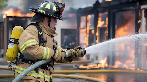 a firefighter is spraying water on a fire