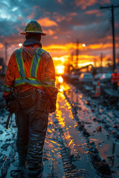 a firefighter is walking on a railroad track in the rain