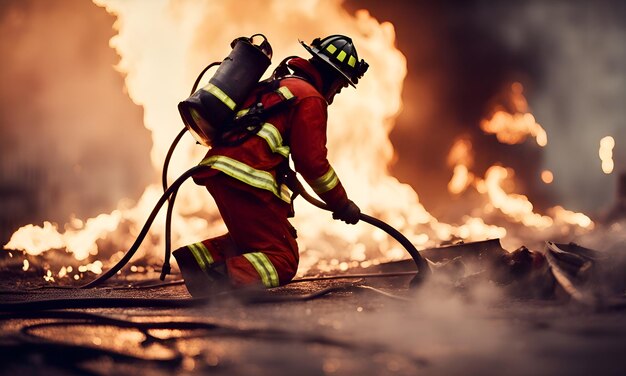 a firefighter is working on a fire with a hose