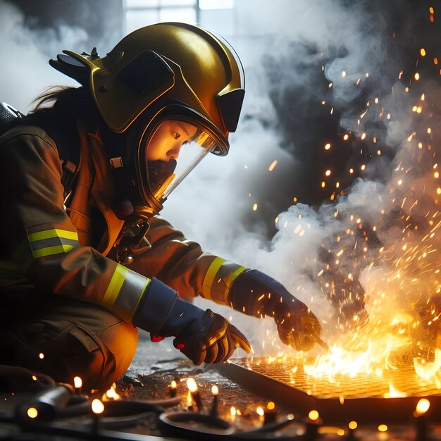 A Firefighter Is Working On A Metal Tool With The Sparks Coming Out Of Him