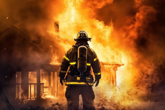 Firefighter man person burning house Generate Ai