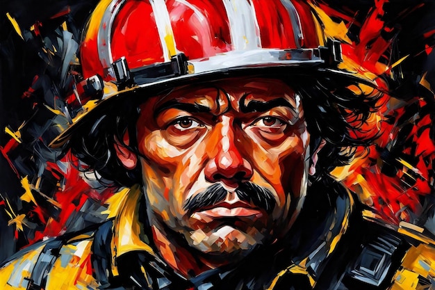 Firefighter Oil painting on canvas Portrait of a fireman in a helmet