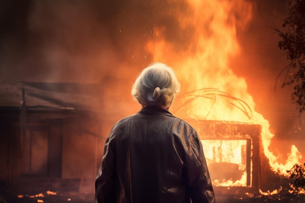 Firefighter old woman loss burning house Generate Ai