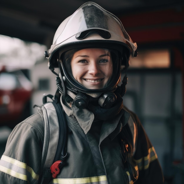 Firefighter portrait on duty photo of happy fire woman