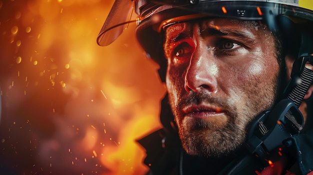 Firefighter in protective gear and breathing apparatus stands in front of a blazing fire