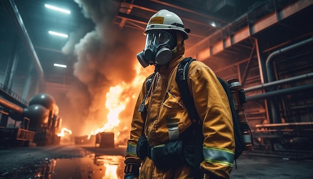 Firefighter in protective suit battles dangerous factory fire with equipment generated by artificial intelligence