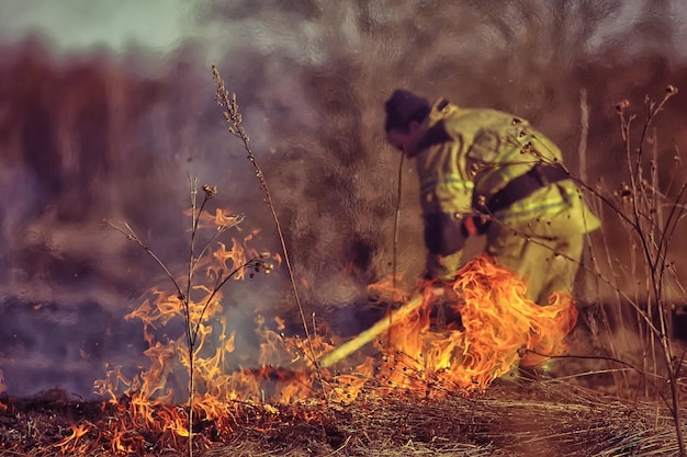 firefighter puts out grass / forest fire, dry grass burns, wind blows