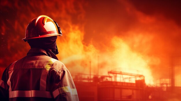 A firefighter in a reflective suit looks on at a raging industrial fire at night