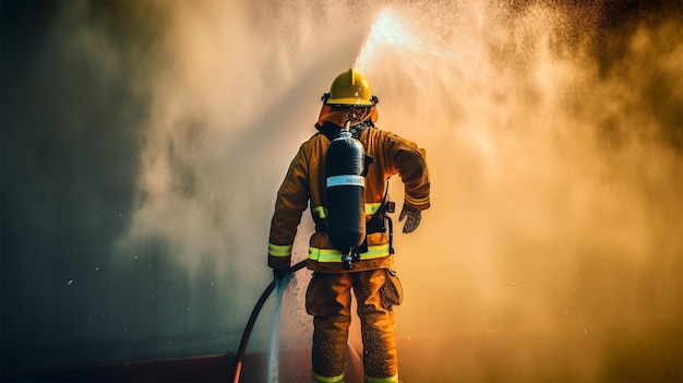 Firefighter Rescue training in fire fighting extinguisher