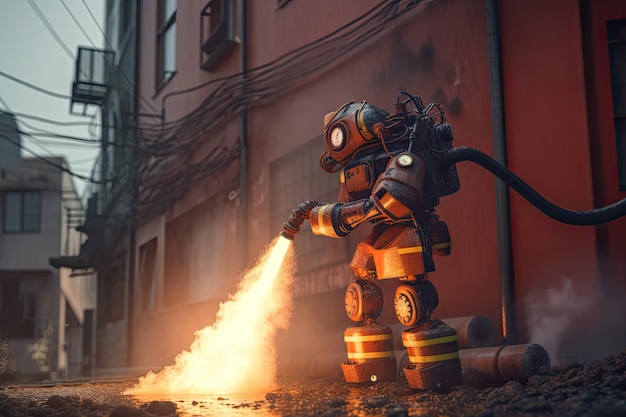 Firefighter robot fighting a fire in the street Firefighter concept An AI robot fireman equipped with a fire fighting water pipe AI Generated