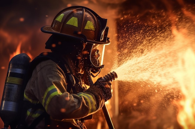 Firefighter spraying hose on the fire at fire with Generative AI