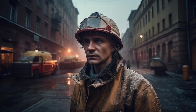 Firefighter standing in a dangerous city Generative AI