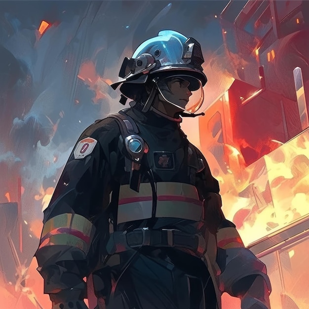 A firefighter standing in front of a burning building generative ai image