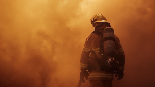 Firefighter standing among heavy smoke during work