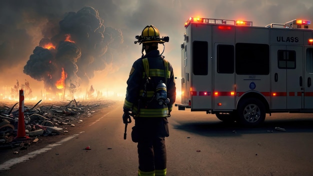 A firefighter stands in front of a burning fire.