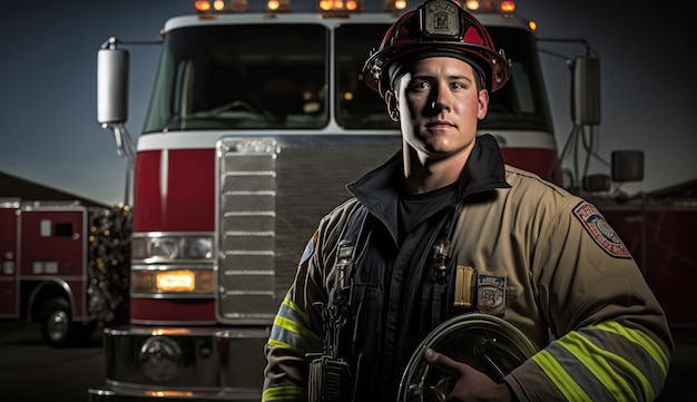 A firefighter stands in front of a fire truck.