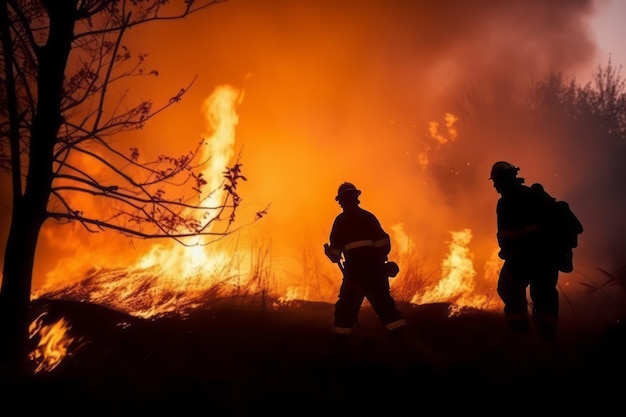 A firefighter stands in front of a large fire.