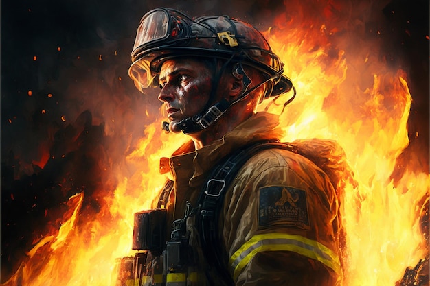 firefighter surrounded by flames and smoke in a dark room