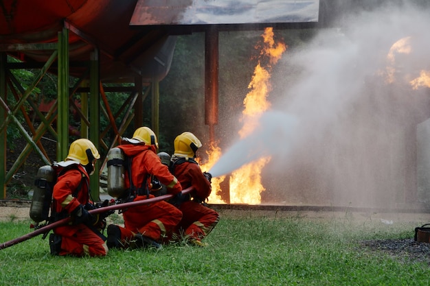 Firefighter training fire emergency in action 