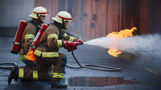 Firefighter training fireman using water and extinguisher to fighting with fire flame in an emergen