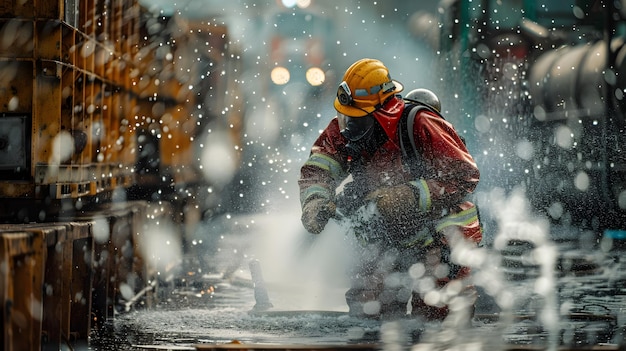 Firefighter Using HighPressure Water Jet to Extinguish an Oil Tank Fire with Foam Spray