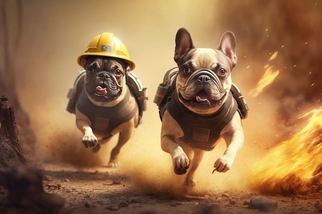 A firefighter wearing a yellow hard hat runs towards a fire with a fire in the background.