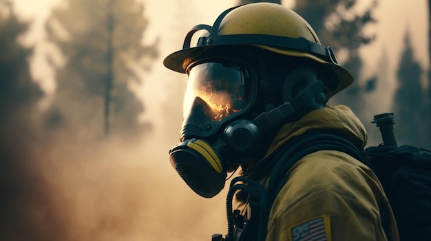 a firefighter wears a gas mask that says " fire " on the back.