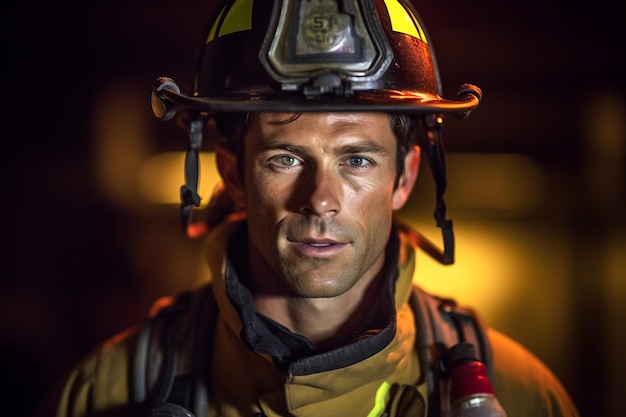 A firefighter with a fire hat on and a light on his face