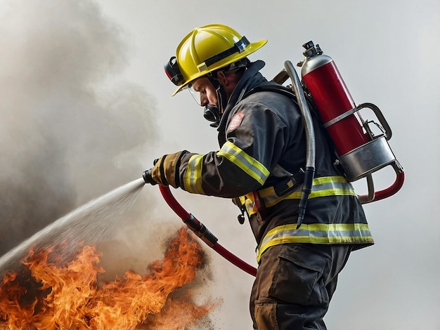 firefighter with a fire hose and fire hose