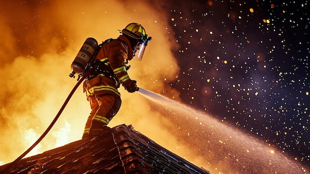 a firefighter with a fire hose on his back is standing on a ladder and fire in the background