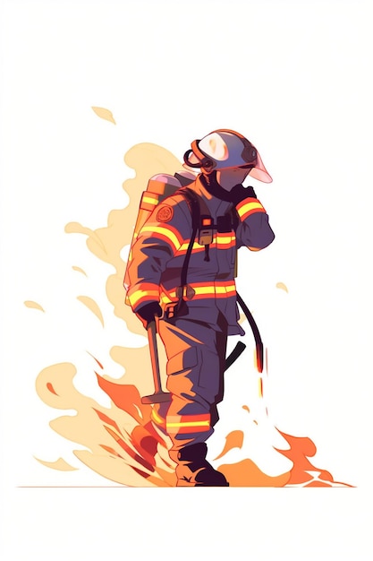 A firefighter with a fire hose on his back