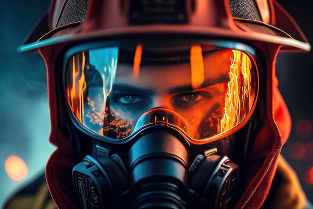 firefighter with helmet and mask protection of oxygen and fire on blurred background