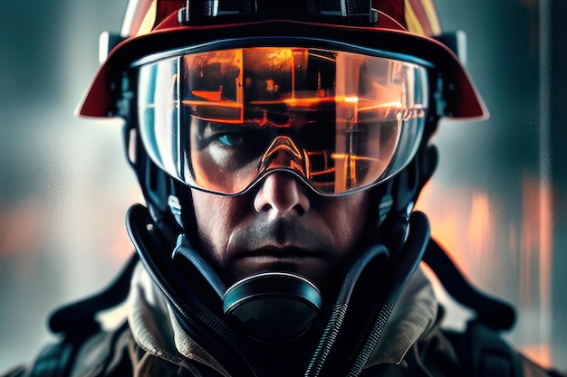 firefighter with helmet and mask protection of oxygen and fire on blurred background