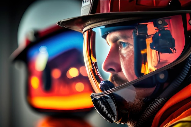 firefighter with helmet and mask protection of oxygen and fire on blurred background