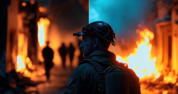 firefighter with helmet and mask protection of oxygen and fire on blurred background