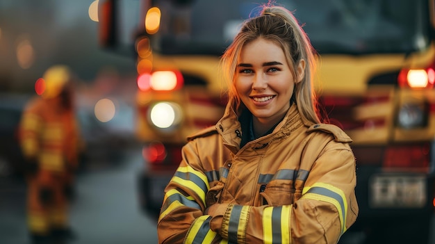 Firefighter Woman Posing in Front of Fire Truck A female firefighter in a uniform with yellow stripes stands in front of a fire truck in a confident pose She looks at the camera with a smile