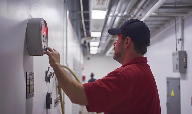 Photo a firefighter work on fire alarm system in building