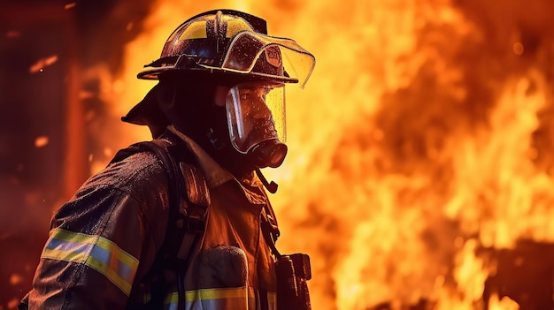 Firefighter works in burning building fireman on flame background Generative AI