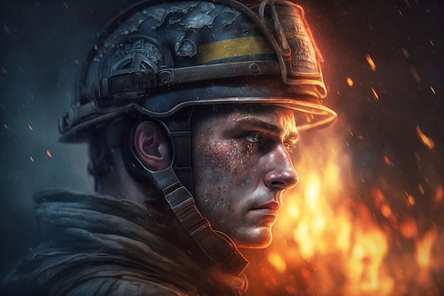 Firefighter works on fire fireman portrait on flame background illustration generative AI