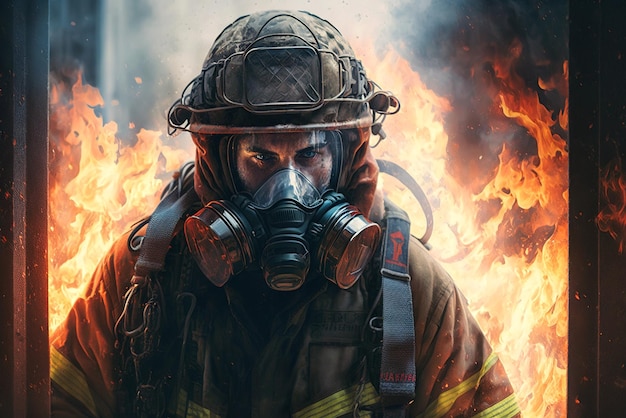 Firefighter works on fire portrait of fireman in burning building generative AI