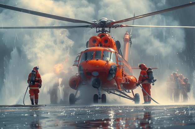 Photo firefighters in action extinguishing a helicopter blaze on an oil platform helipad