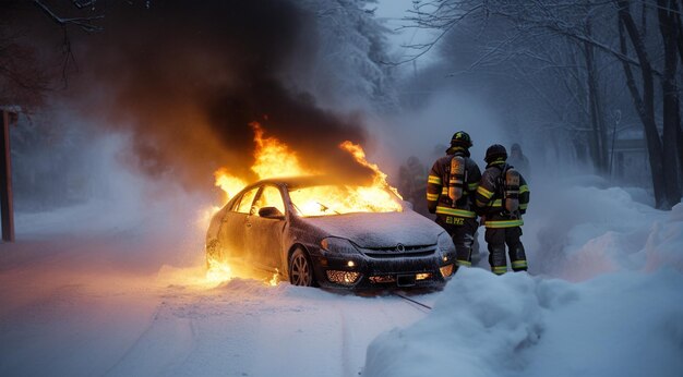 firefighters in action inspecting a charred car in the snow generativa IA