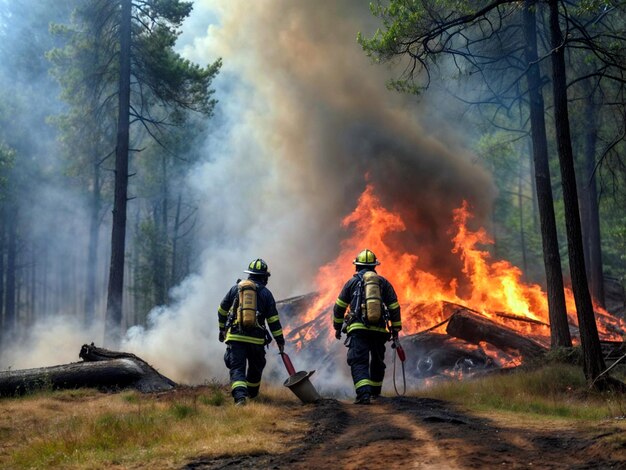 Firefighters are putting out a fire Courageous people fighting fire