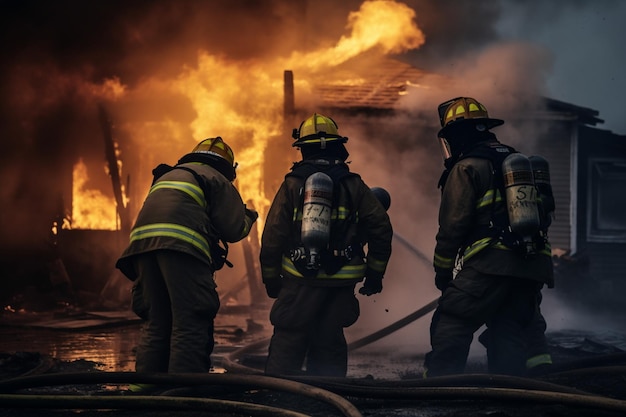 Firefighters battle a fire with a hose on the back of their uniforms