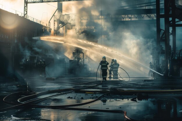 Photo firefighters battling a blaze in an industrial setting