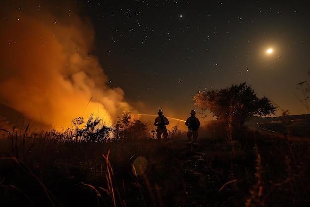 Firefighters combatting flames at night under moonlit sky