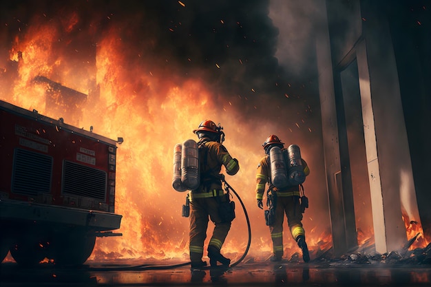 Firefighters crew fighting fire accident at nighttime Neural network generated art