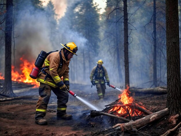 Firefighters extinguish a forest fire Courageous people fight the fire