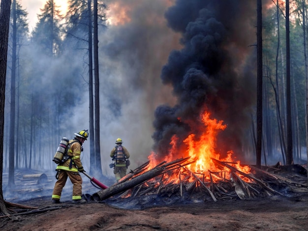 Firefighters extinguish a forest fire Courageous people fight the fire